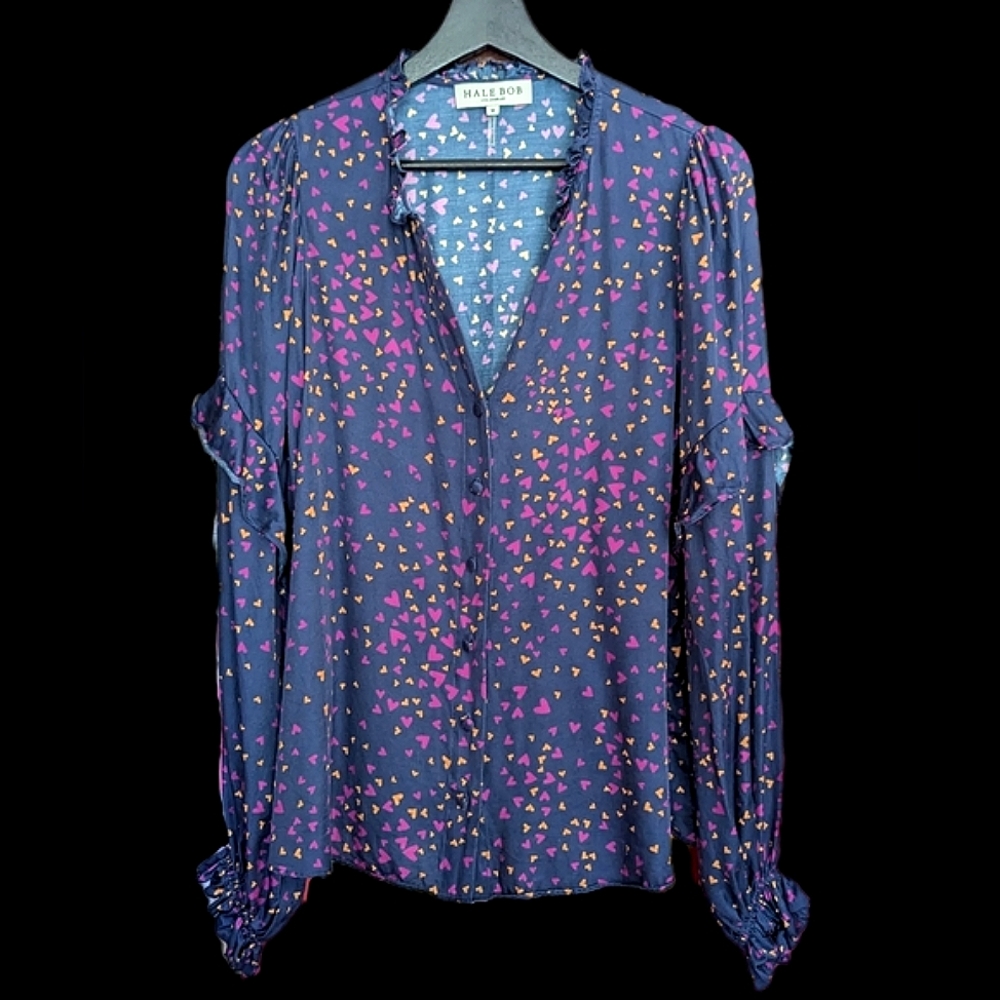 Hale Bob Blue Purple Silk Blend Blouse Hearts Long Sleeve Buttons Medium (Large) - Picture 2 of 16